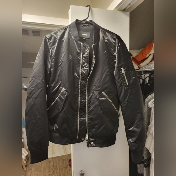 Mackage Black Satin Bomber Jacket - Picture 1 of 3